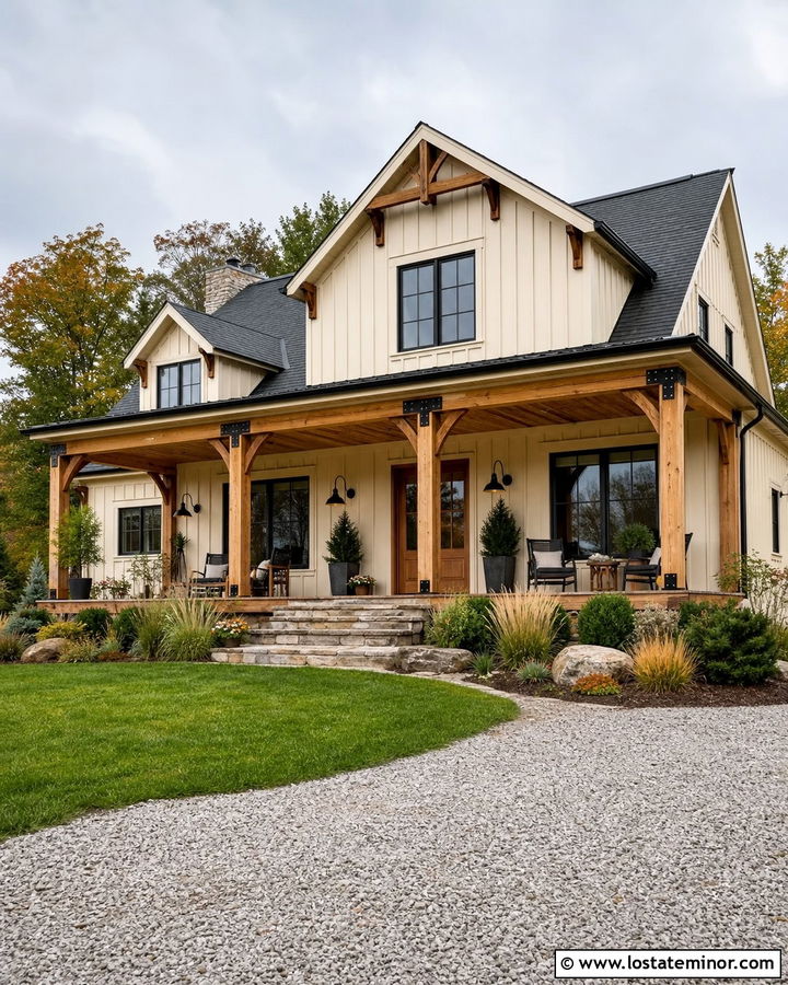 Off White Board and Batten With Cedar Porch - 30 Off White House Design With Board and Batten Ideas