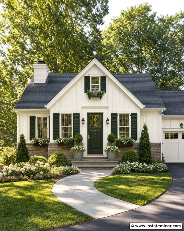 Off White Board and Batten With Dark Green Door - 30 Off White House Design With Board and Batten Ideas