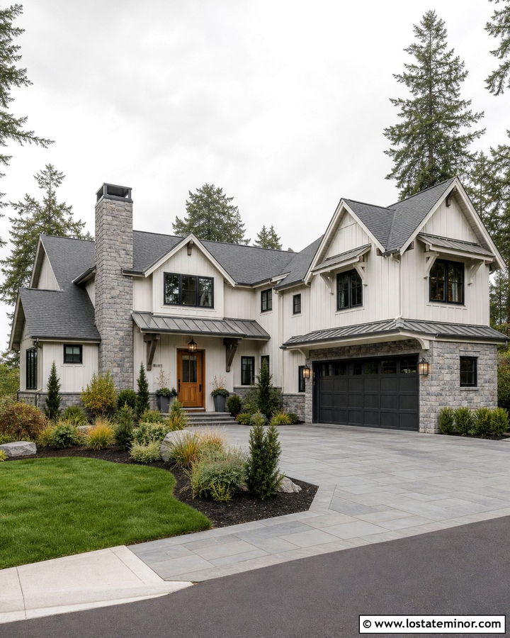 Off White Board and Batten With Gray Stone - 30 Off White House Design With Board and Batten Ideas
