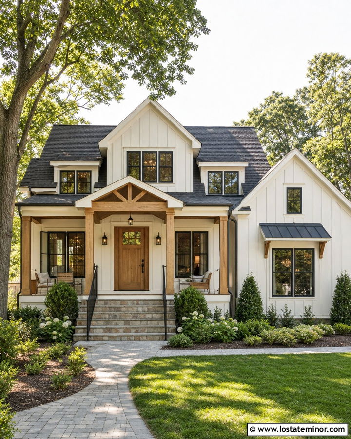 Off White Board and Batten With Natural Wood Door - 30 Off White House Design With Board and Batten Ideas