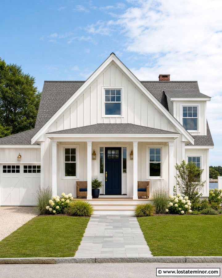 Off White Board and Batten With Navy Blue Door - 30 Off White House Design With Board and Batten Ideas