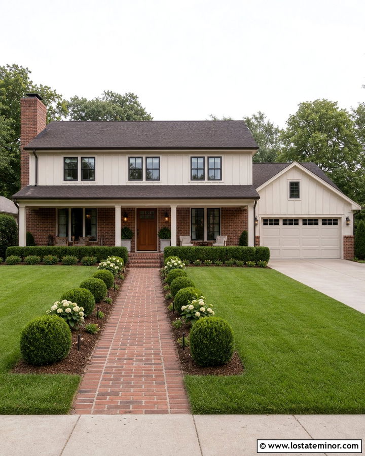 Off White Board and Batten With Red Brick - 30 Off White House Design With Board and Batten Ideas