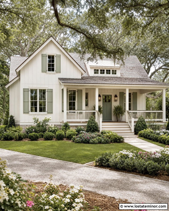 Off White Board and Batten With Sage Green Shutters - 30 Off White House Design With Board and Batten Ideas