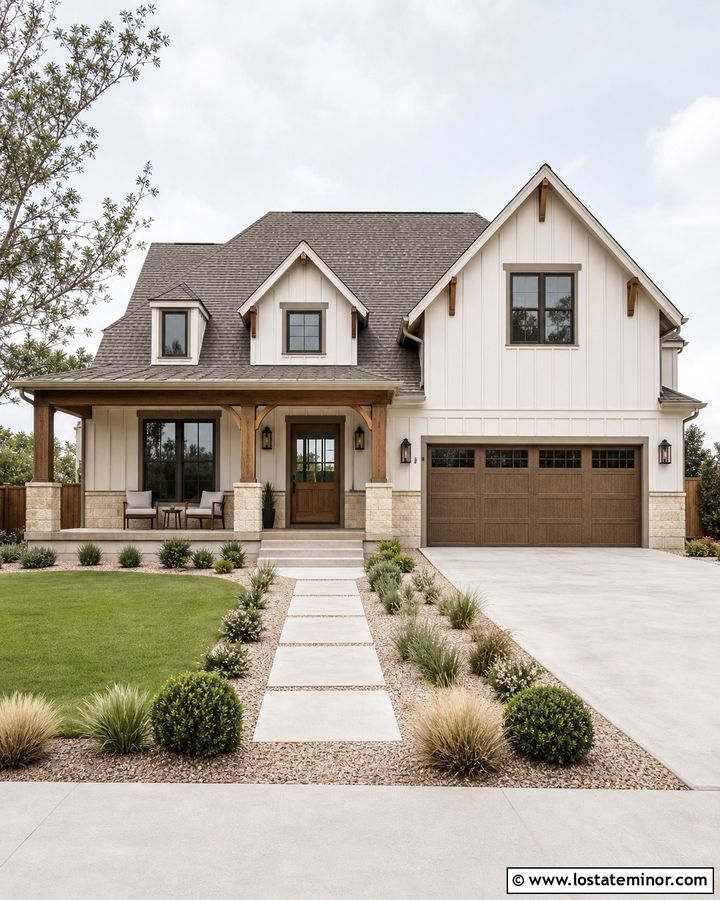 Off White Board and Batten With Tan Stone - 30 Off White House Design With Board and Batten Ideas