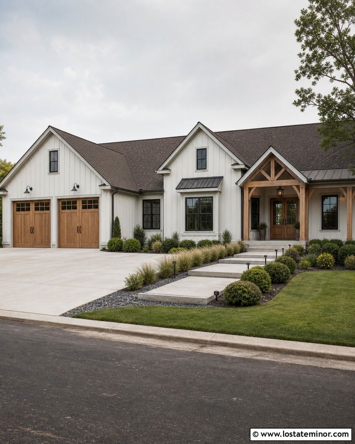 Off White Board and Batten With White Oak Garage Doors - 30 Off White House Design With Board and Batten Ideas