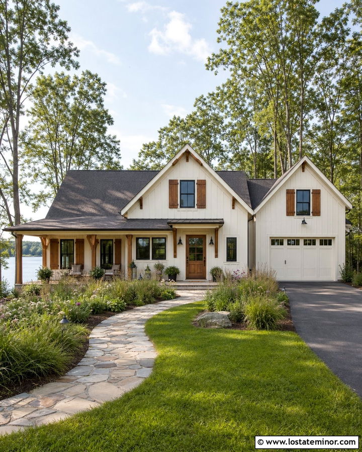 Off White Board and Batten With Wood Shutters - 30 Off White House Design With Board and Batten Ideas