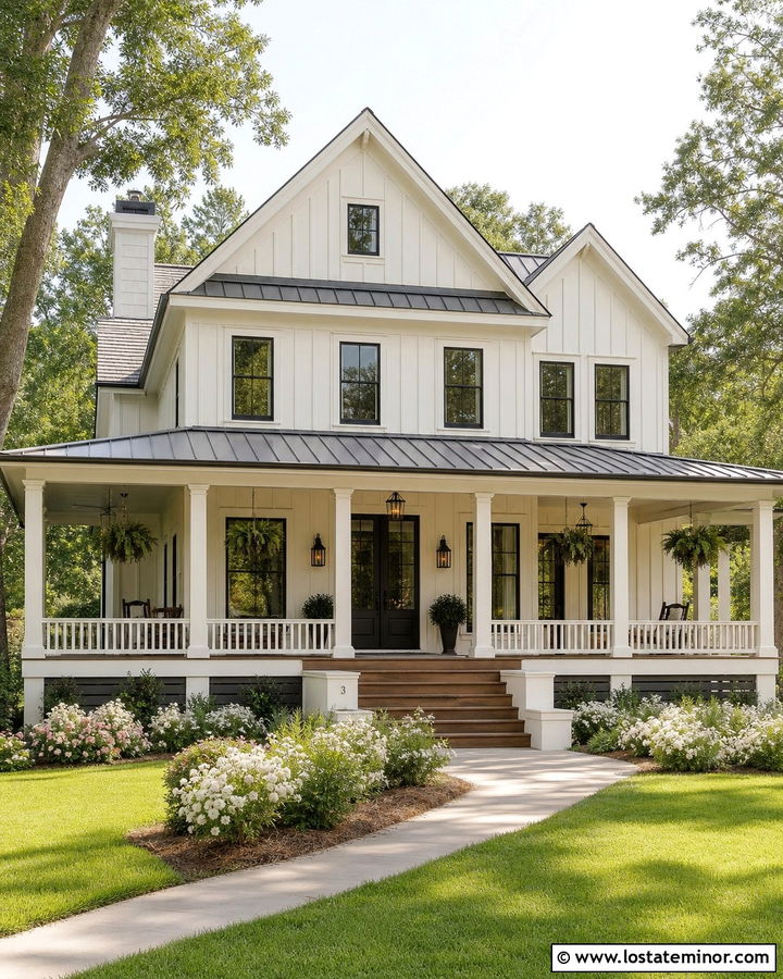 Off White Board and Batten With Wraparound Porch - 30 Off White House Design With Board and Batten Ideas