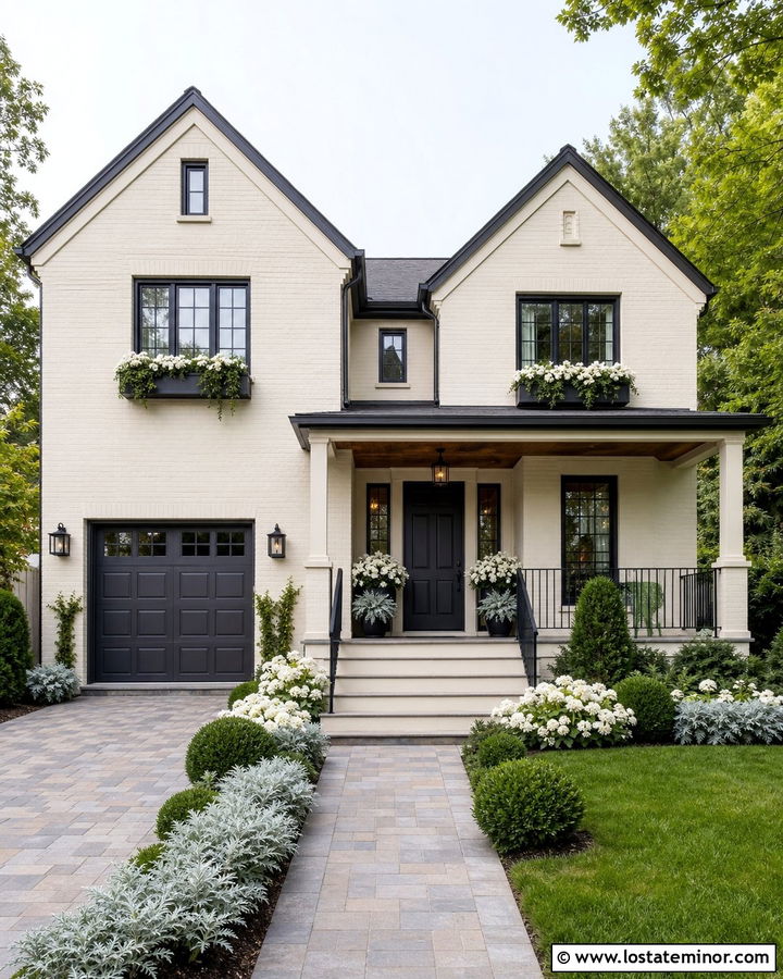 Off White Brick House With Charcoal Window Boxes - 30 Off White House Design With Window Boxes Ideas