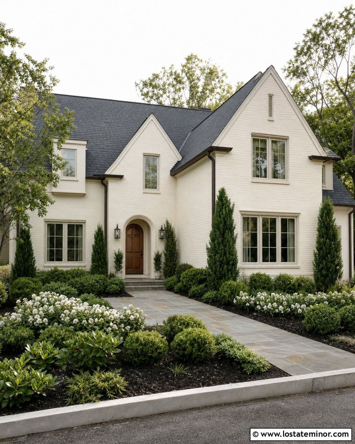 Off White Brick House With Foundation Planting - 30 Off White House Design With Front Yard Ideas