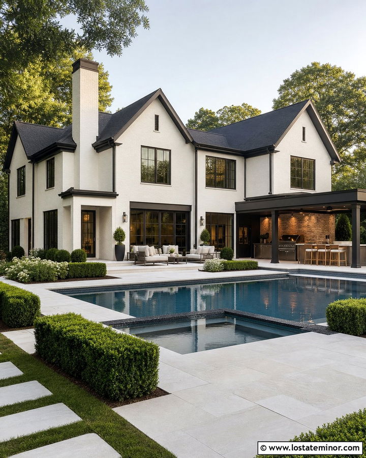 Off White Brick House With Modern Pool - 30 Off White House Design With Swimming Pool Ideas