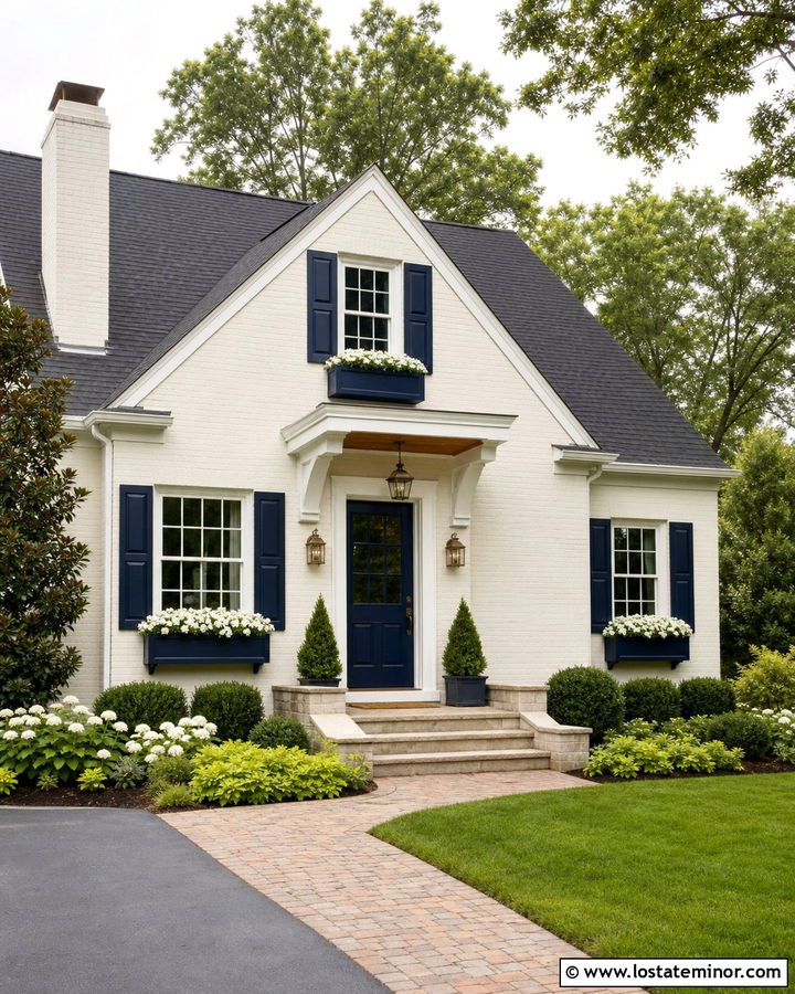 Off White Brick House With Navy Window Boxes - 30 Off White House Design With Window Boxes Ideas