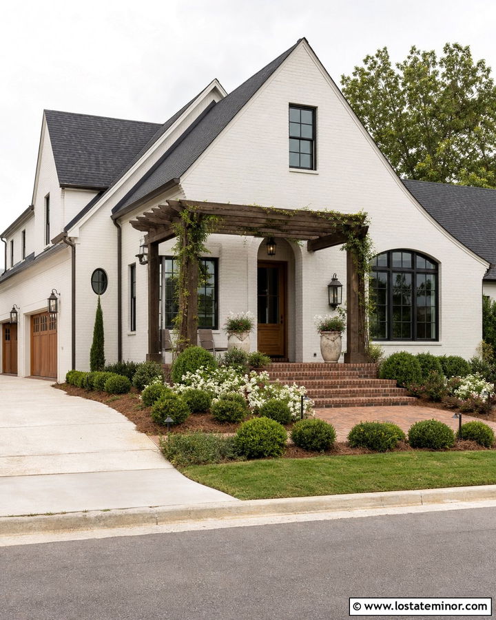 Off White Brick House With Wood Pergola - 30 Off White House Design With Pergola Ideas