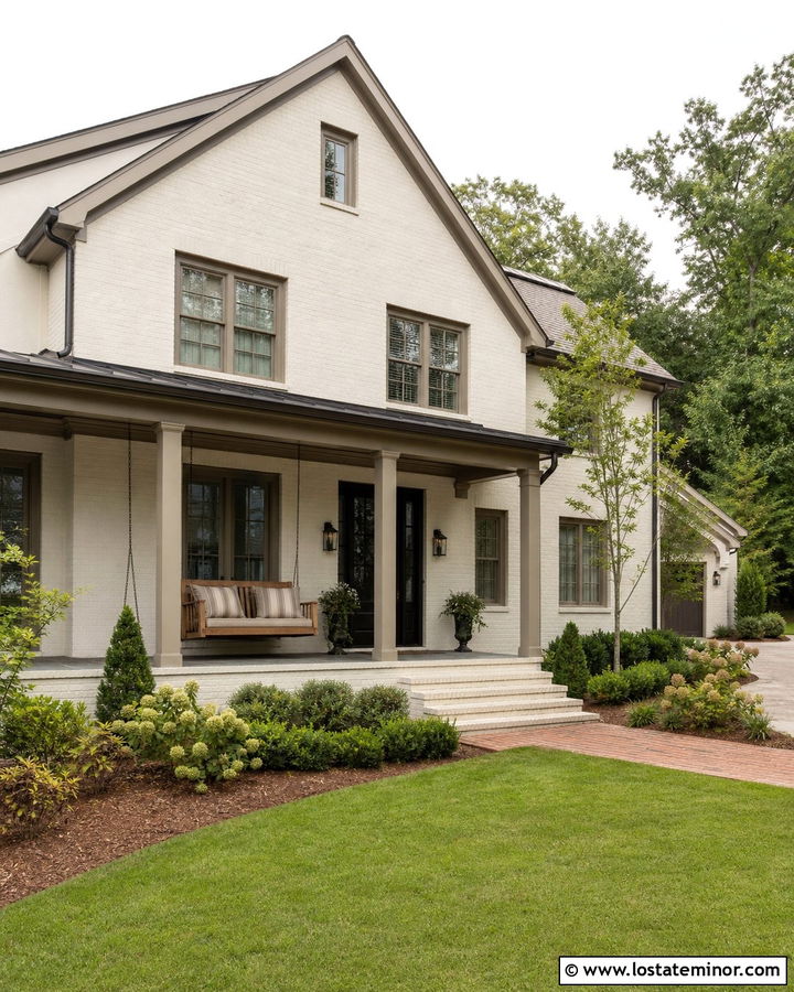Off White Brick House With Wood Porch Swing - 30 Off White House Design With Swing Ideas