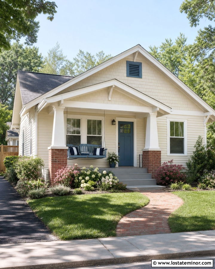 Off White Bungalow With Blue Porch Swing - 30 Off White House Design With Swing Ideas