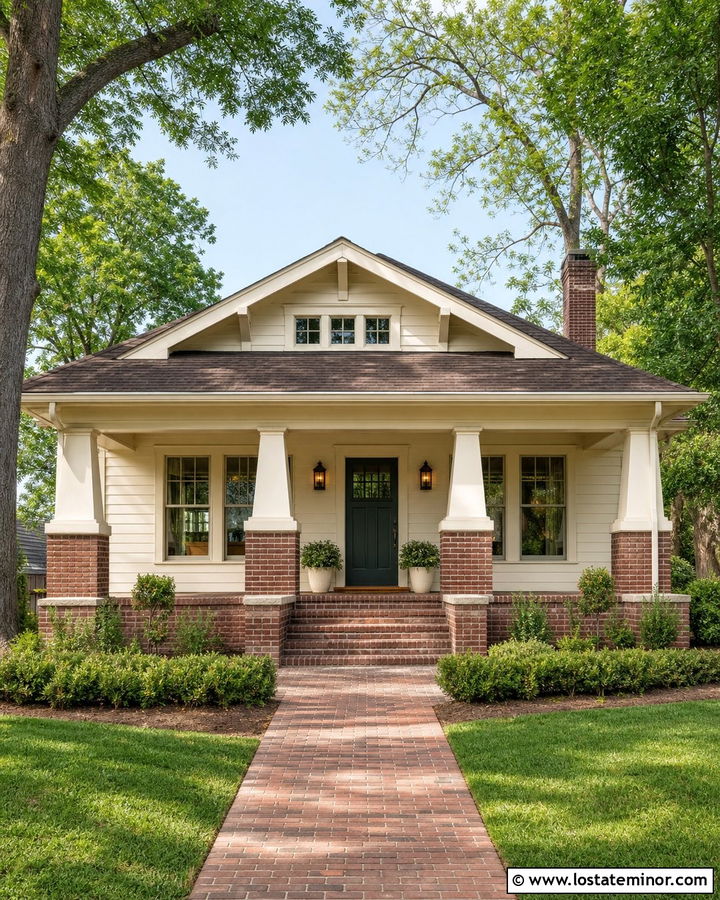 Off White Bungalow With Brick Porch - 30 Off White House Design With Brick Accents Ideas