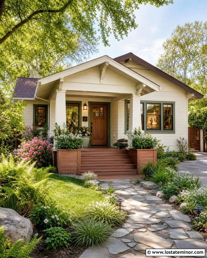 Off White Bungalow With Low Wood Deck - 30 Off White House Design With Deck Ideas