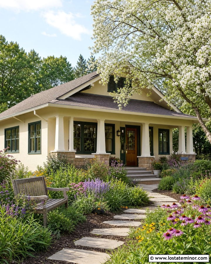 Off White Bungalow With Pollinator Garden - 30 Off White House Design With Front Yard Ideas