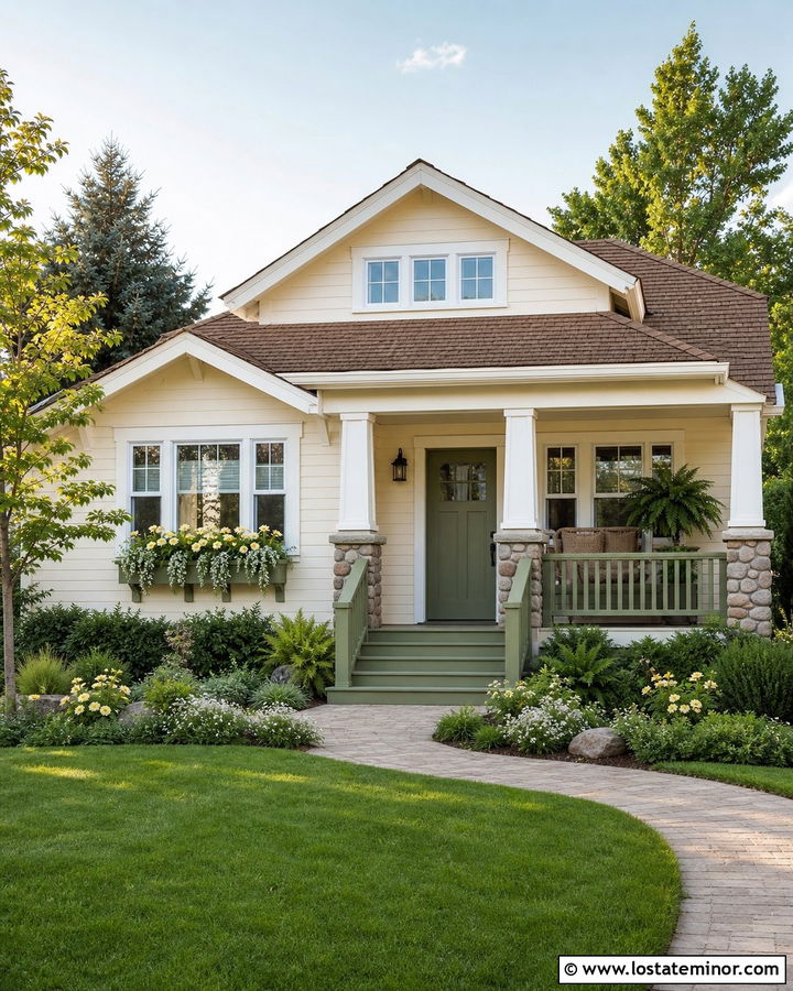 Off White Bungalow With Sage Green Window Boxes - 30 Off White House Design With Window Boxes Ideas