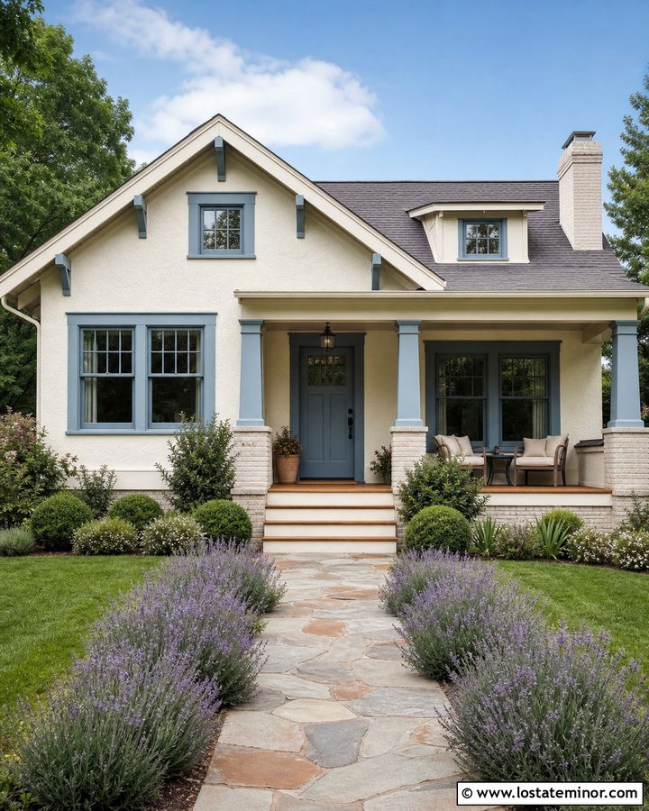 Off White Bungalow With Soft Blue Trim - 30 Off White House Design With Trim Ideas