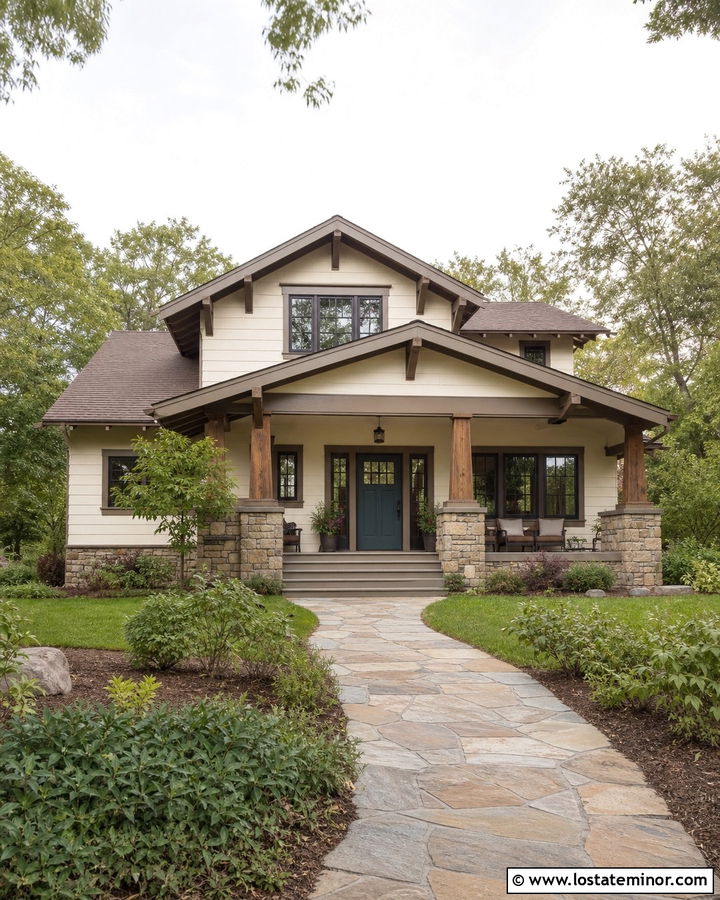 Off White Bungalow With Stone Piers - 30 Off White House Design With Stone Accents Ideas