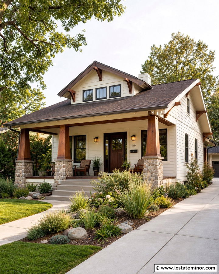 Off White Bungalow With Wood Front Porch - 30 Off White House Design With Front Porch Ideas
