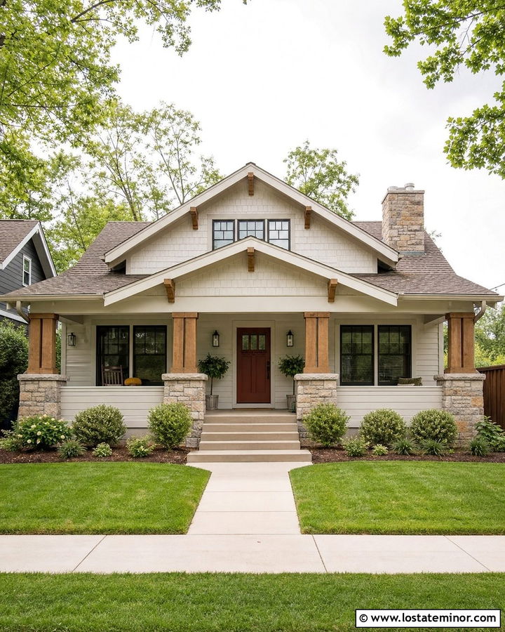 Off White Bungalow With a Wide Gable Porch - 30 Off White House Design With Gables Ideas