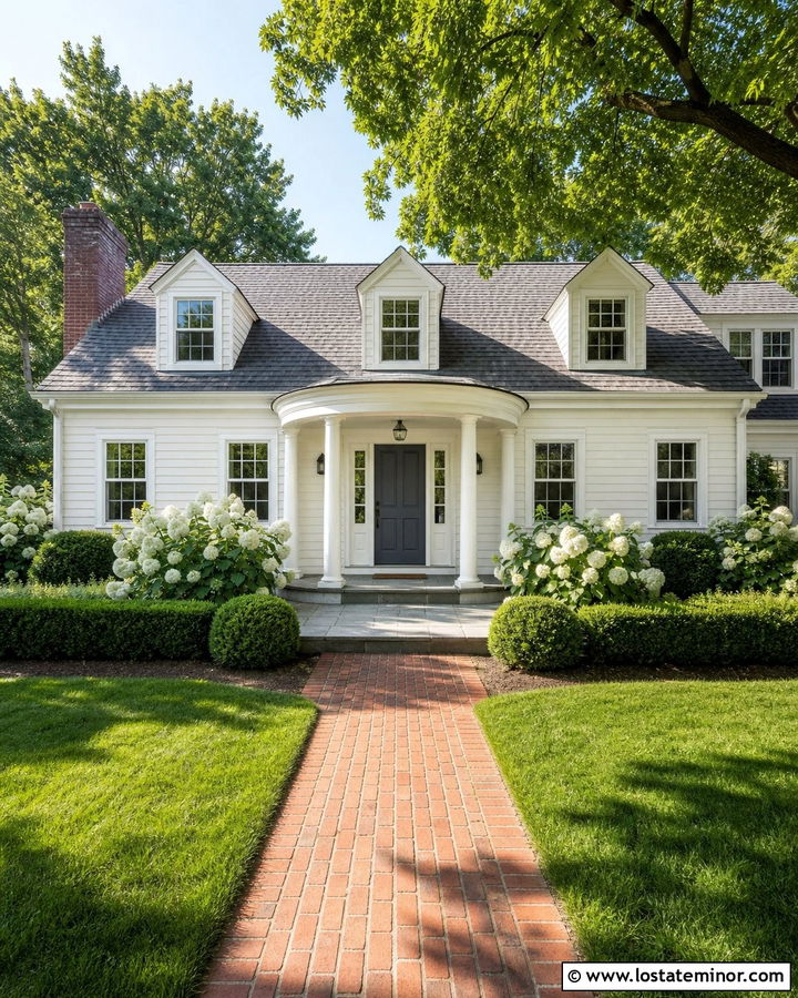Off White Cape Cod House With Curved Portico - 30 Off White House Design With Portico Ideas