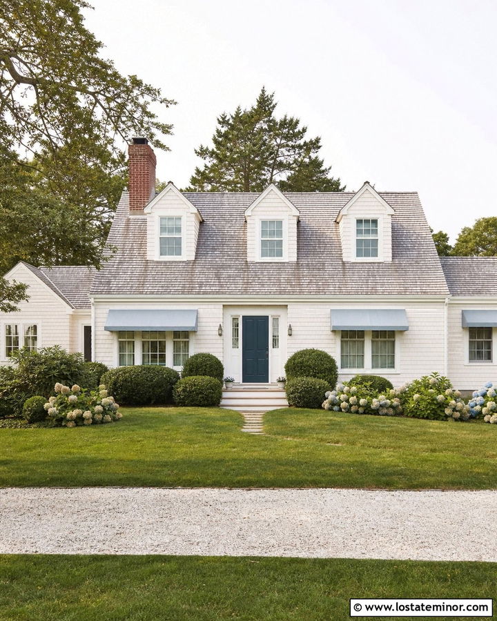 Off White Cape Cod With Blue Awning - 30 Off White House Design With Awning Ideas