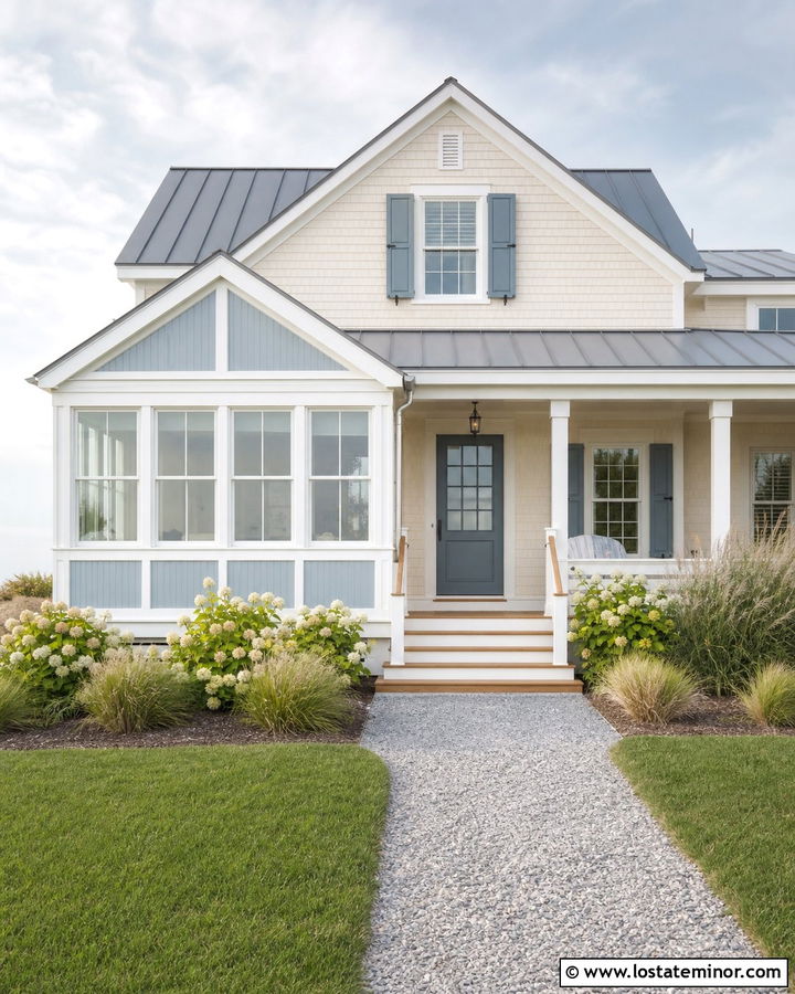 Off White Coastal Cottage With Blue Sunroom Accents - 30 Off White House Design With Sunroom Ideas