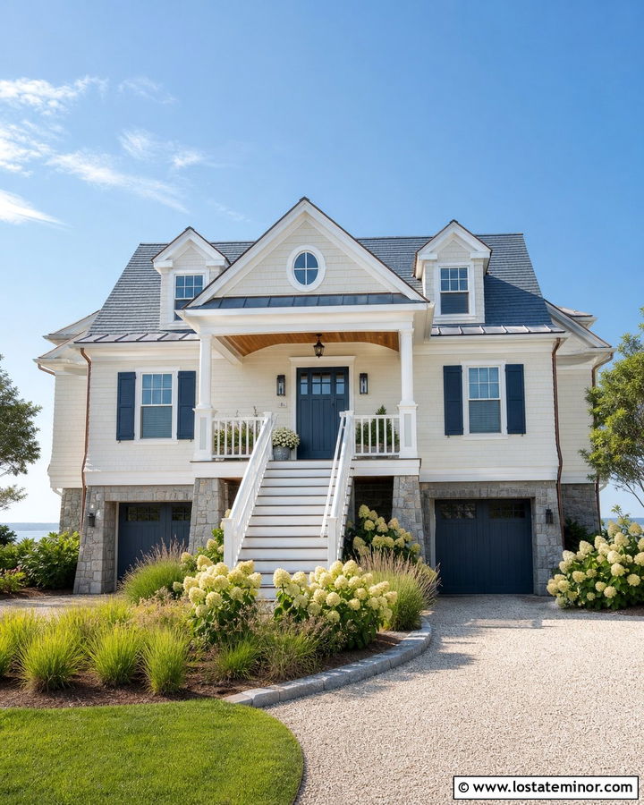 Off White Coastal House With Blue Gray Shingles - 30 Off White House Design With Shingles Ideas