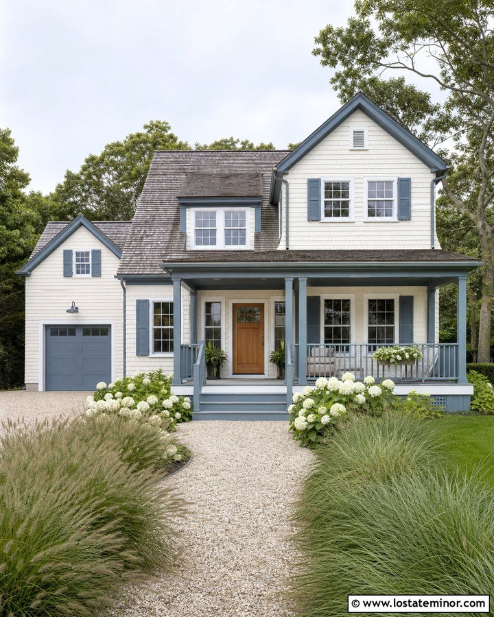 Off White Coastal House With Blue Gray Trim - 30 Off White House Design With Trim Ideas