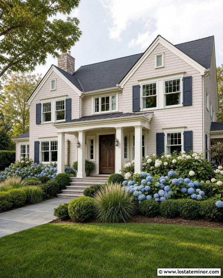Off White Coastal House With Blue Hydrangeas - 30 Off White House Design With Landscaping Ideas