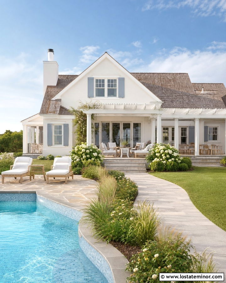 Off White Coastal House With Blue Pool Tile - 30 Off White House Design With Swimming Pool Ideas