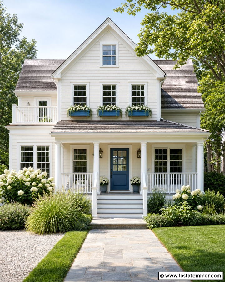 Off White Coastal House With Blue Window Boxes - 30 Off White House Design With Window Boxes Ideas