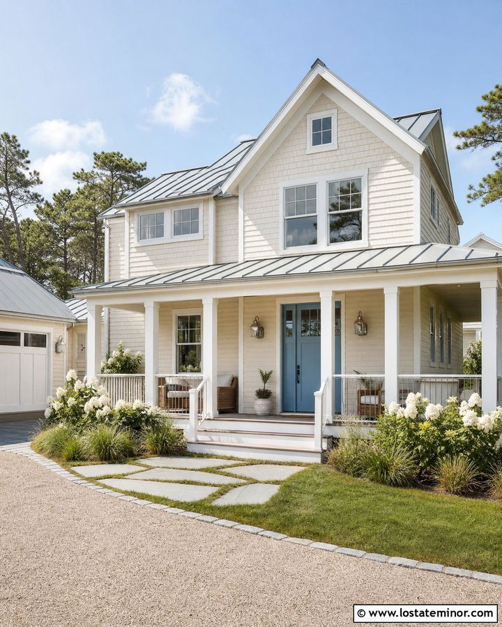 Off White Coastal House With Breezy Front Porch - 30 Off White House Design With Front Porch Ideas