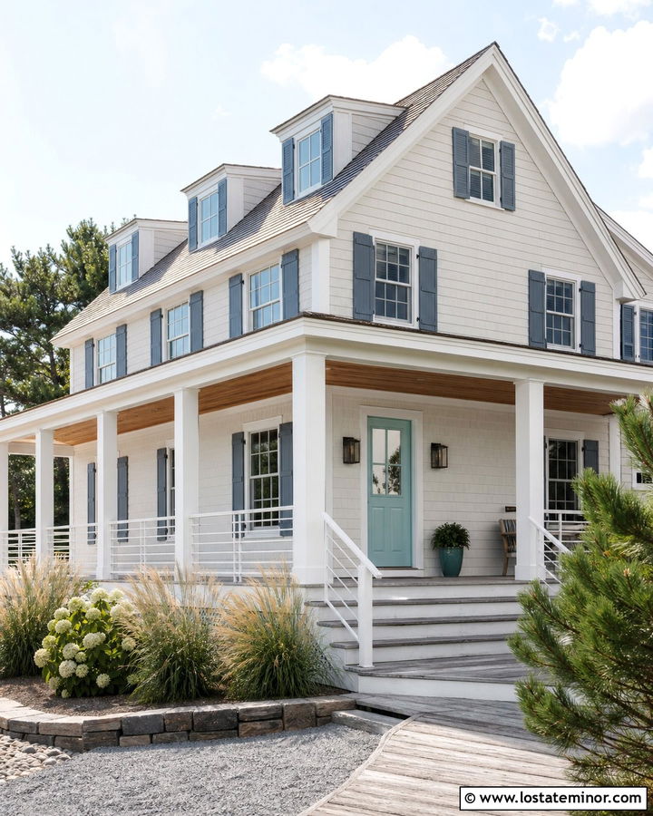 Off White Coastal House With Porch Columns - 30 Off White House Design With Porch Columns Ideas