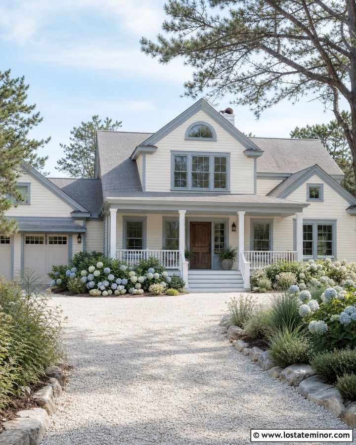 Off White Coastal House With Shell Gravel Driveway - 30 Off White House Design With Driveway Ideas