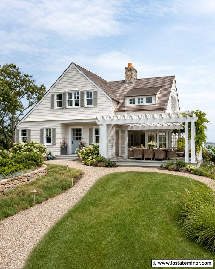 Off White Coastal House With White Pergola - 30 Off White House Design With Pergola Ideas
