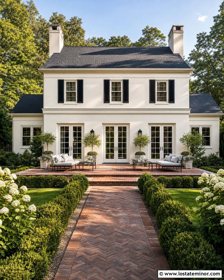 Off White Colonial House With Brick Terrace - 30 Off White House Design With Backyard Ideas
