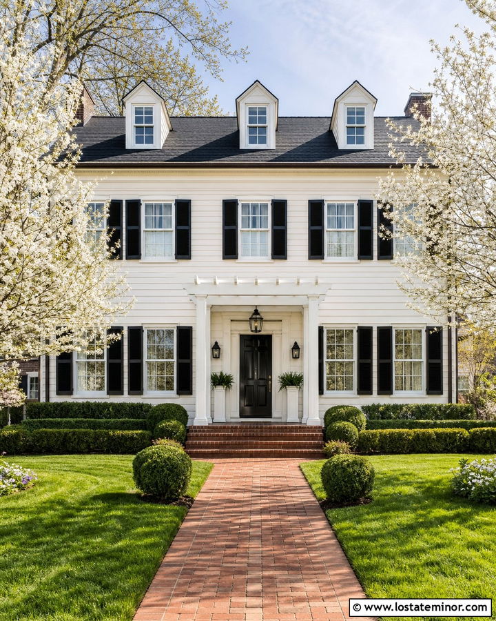 Off White Colonial House With Entry Pergola - 30 Off White House Design With Pergola Ideas