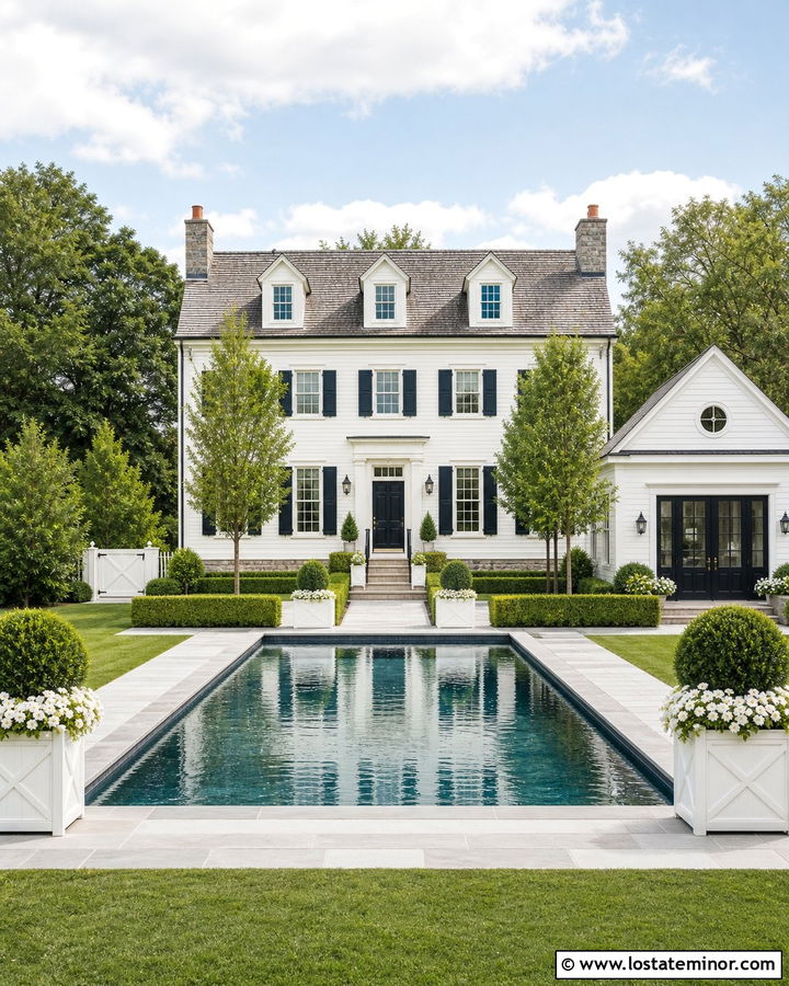 Off White Colonial House With Formal Pool - 30 Off White House Design With Swimming Pool Ideas