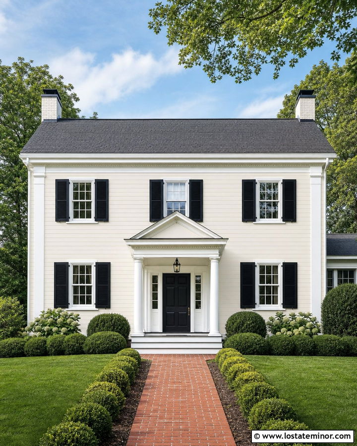 Off White Colonial House With Gabled Portico - 30 Off White House Design With Portico Ideas