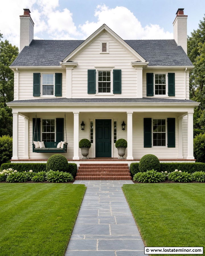 Off White Colonial Revival With Green Swing - 30 Off White House Design With Swing Ideas