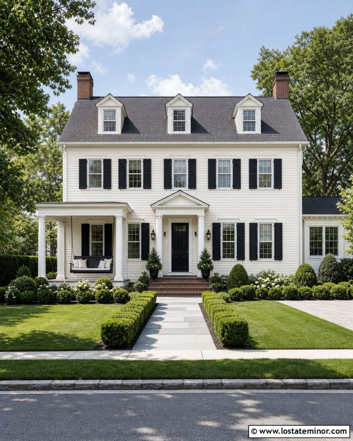 Off White Colonial With Black Porch Swing - 30 Off White House Design With Swing Ideas