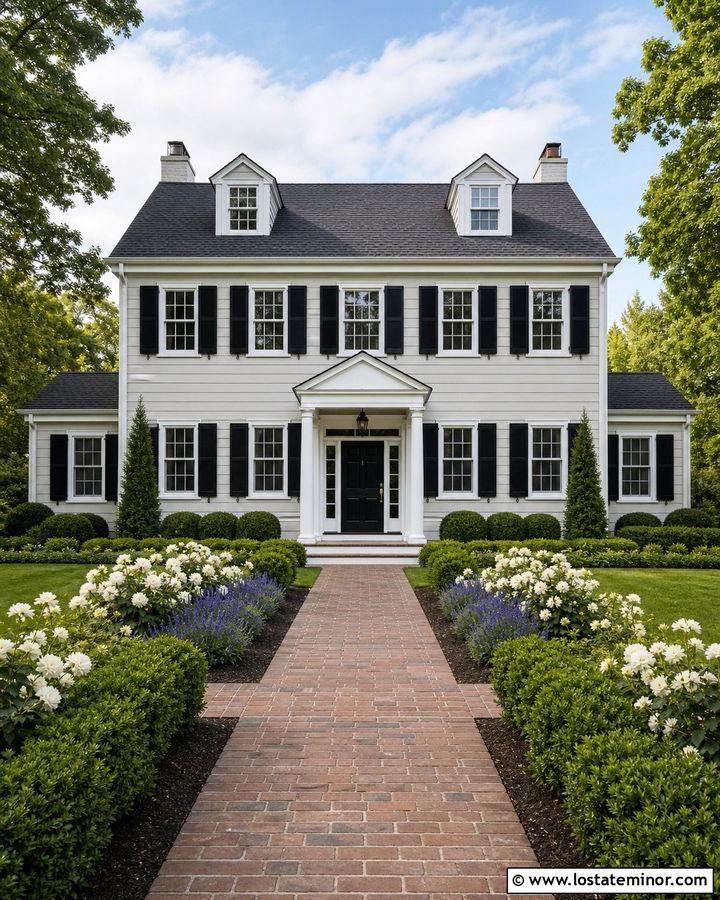 Off White Colonial With Boxwood Landscaping - 30 Off White House Design With Landscaping Ideas