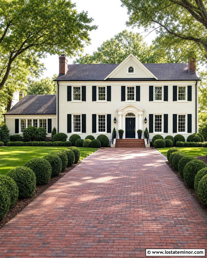 Off White Colonial With Brick Driveway - 30 Off White House Design With Driveway Ideas