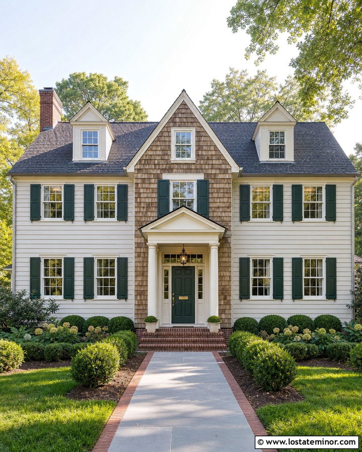 Off White Colonial With Cedar Shake Accents - 30 Off White House Design With Cedar Shake Ideas