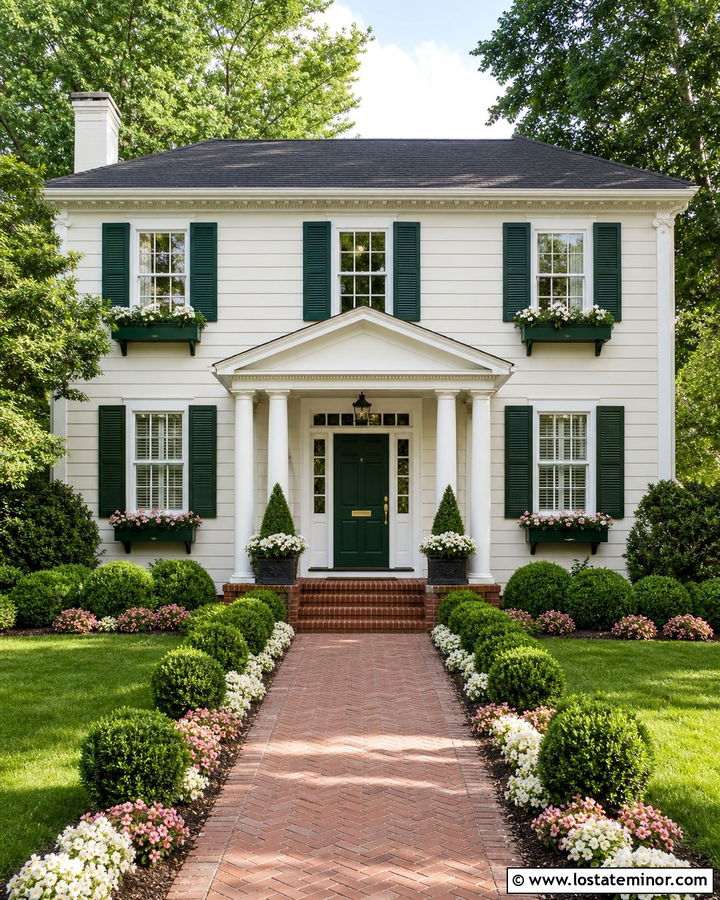 Off White Colonial With Dark Green Window Boxes - 30 Off White House Design With Window Boxes Ideas