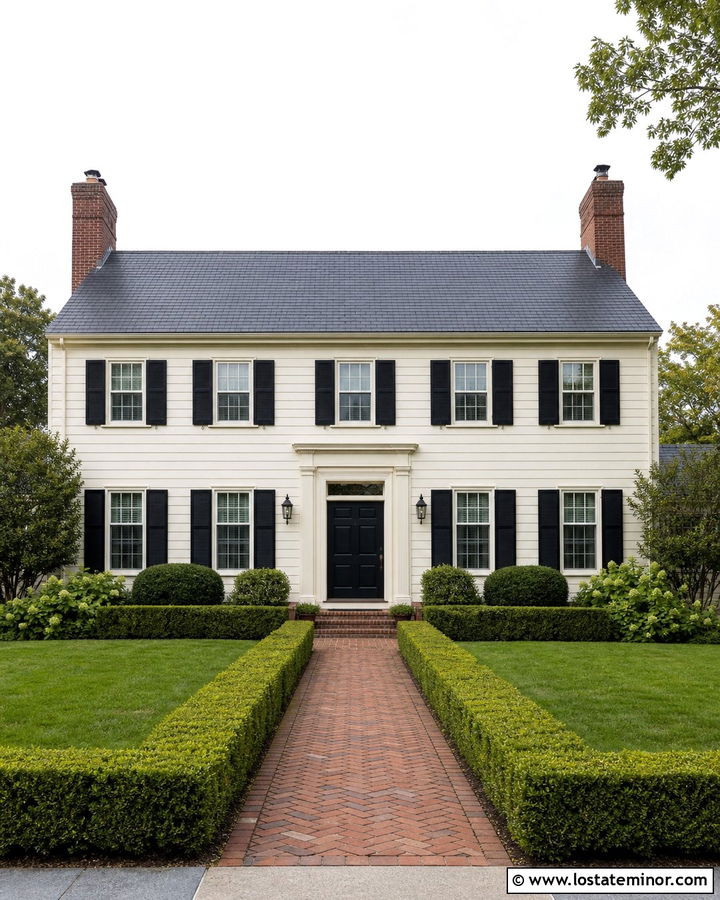 Off White Colonial With Double Chimneys - 30 Off White House Design With Chimney Ideas