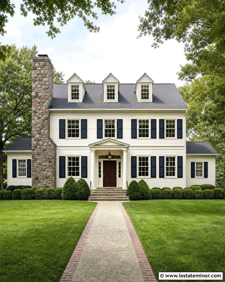 Off White Colonial With Fieldstone Chimney - 30 Off White House Design With Stone Accents Ideas